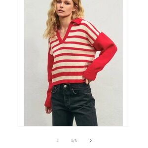 Dress Forum Red and Cream Striped V-Neck Sweater